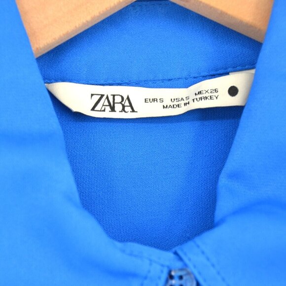 Zara Satin Effect Button Down Shirt Point Collar Long Sleeve Wide Cuff Blue S - Picture 6 of 10